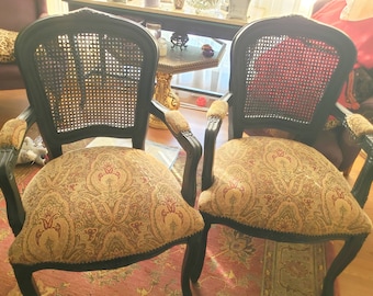Country French Chairs Upholstered Caneback Vintage Pair Black Living Room Bedroom Cottage Core