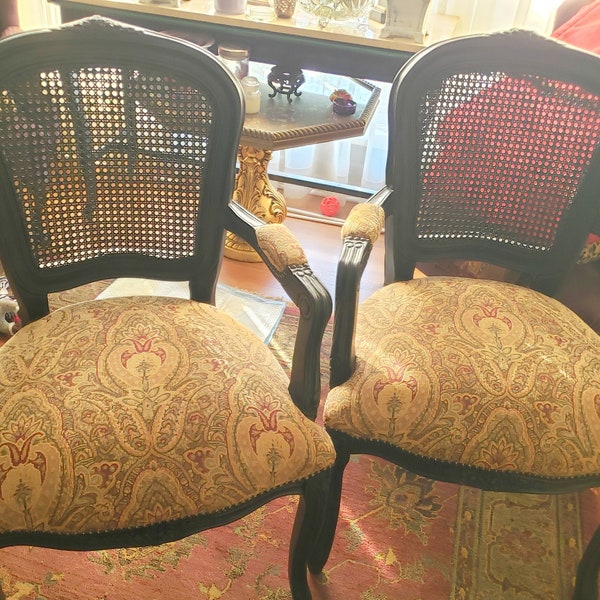 Country French Chairs Upholstered Caneback Vintage Pair Black Living Room Bedroom Cottage Core
