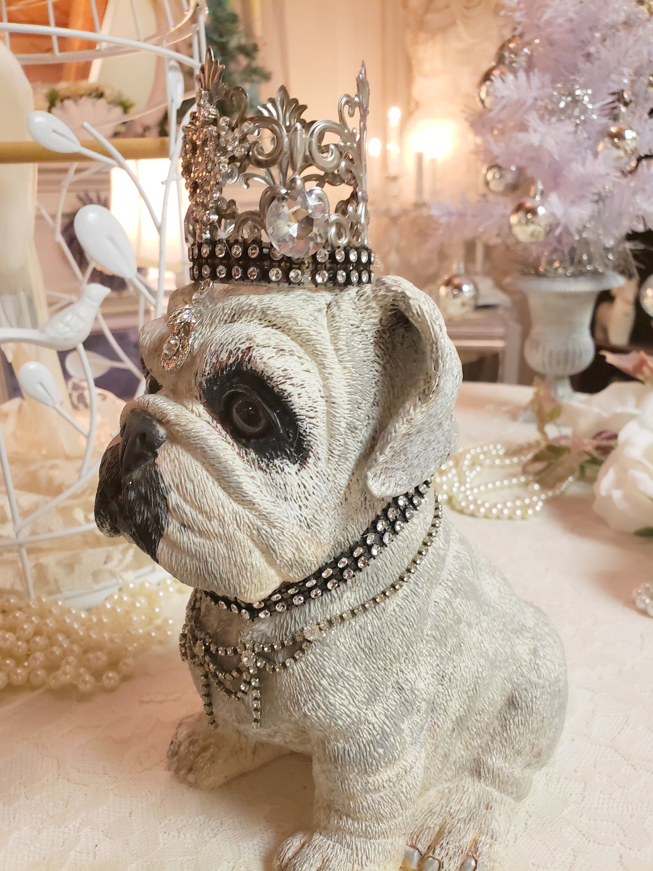 French Bulldog Statue Rhinestone Crown Jewels Cottage Core Free ...