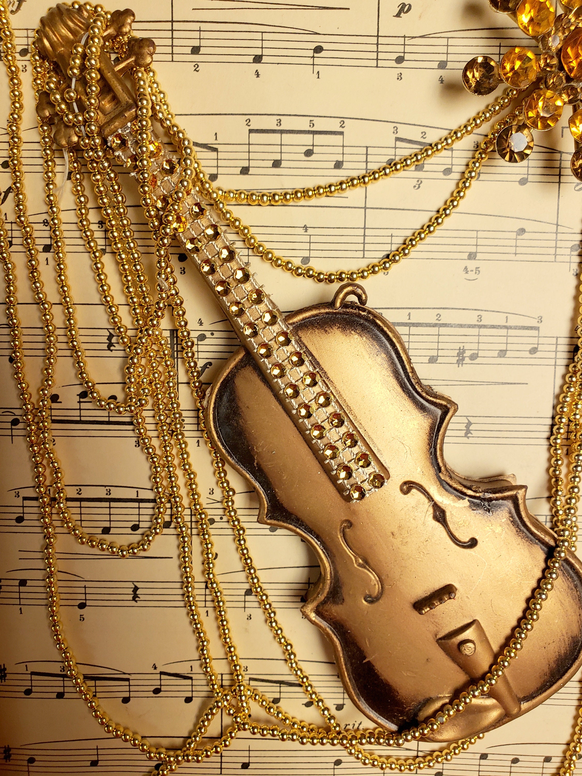 Musical Wall Art Framed Violin Gold Pearls Rhinestone Brooch Etsy