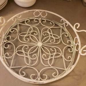 Tray Wrought Iron Ornate Painted Glass Inset Handled Serving Romantic French Cottage Core