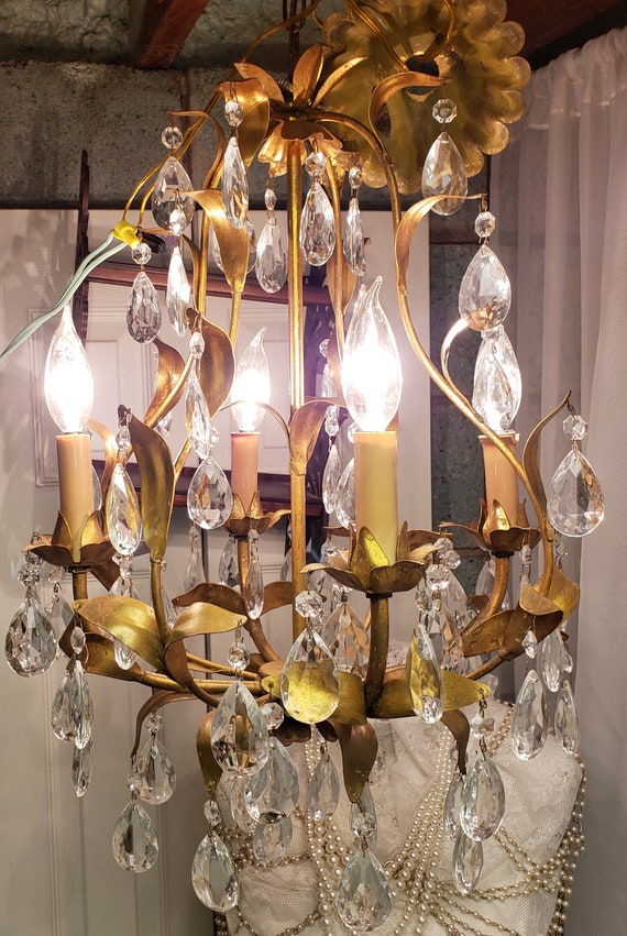 Gold Leaf Chandelier Birdcage Vintage 4 light Leaf Design Crystal