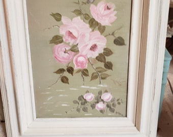 Oilpainting Pink Roses Chalkpainted Frame Shabby Chic  Farmhouse French Cottage Core