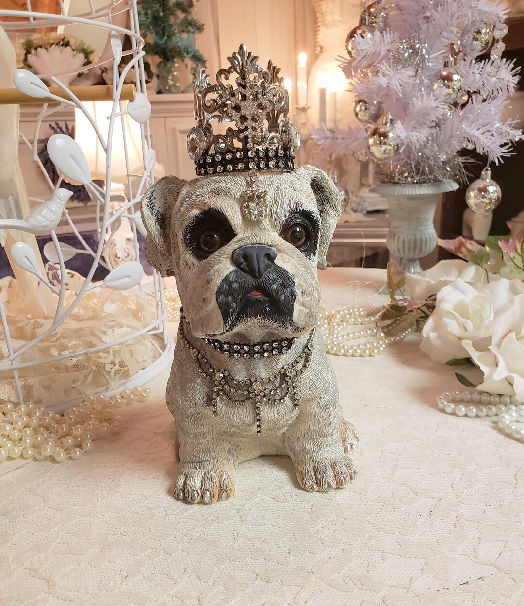 French Bulldog Statue Rhinestone Crown Jewels Cottage Core Free ...