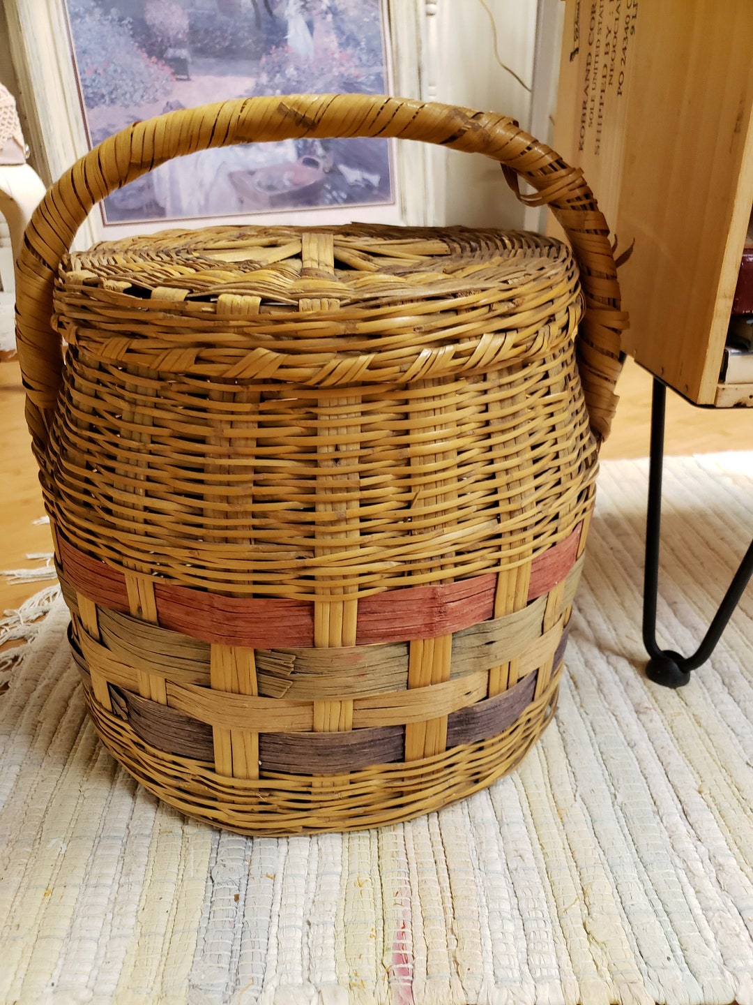 Vintage Woven Basket Handle Lid Shabby Cottage Chic Prairie French Farmhouse Etsy