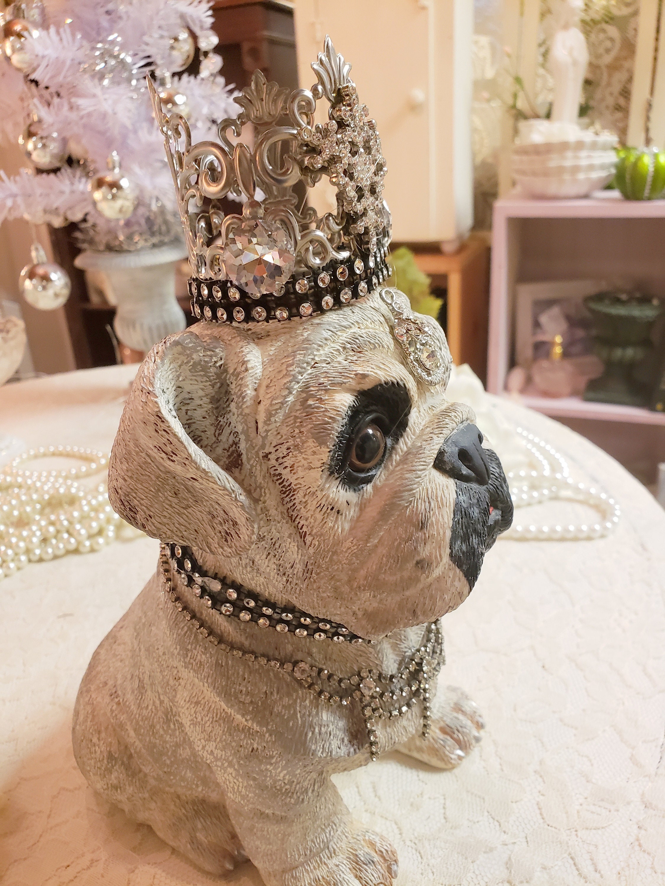 French Bulldog Statue Rhinestone Crown Jewels Cottage Core Free ...