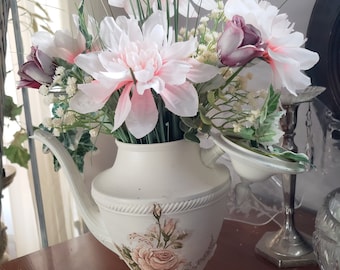 Vintage Silver Teapot Painted Decoupage Florals French Country Cottage Core