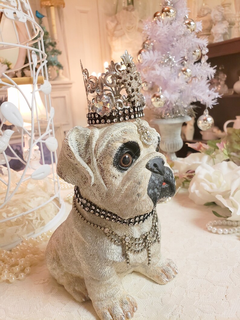 French Bulldog Statue Rhinestone Crown Jewels Cottage Core Free ...