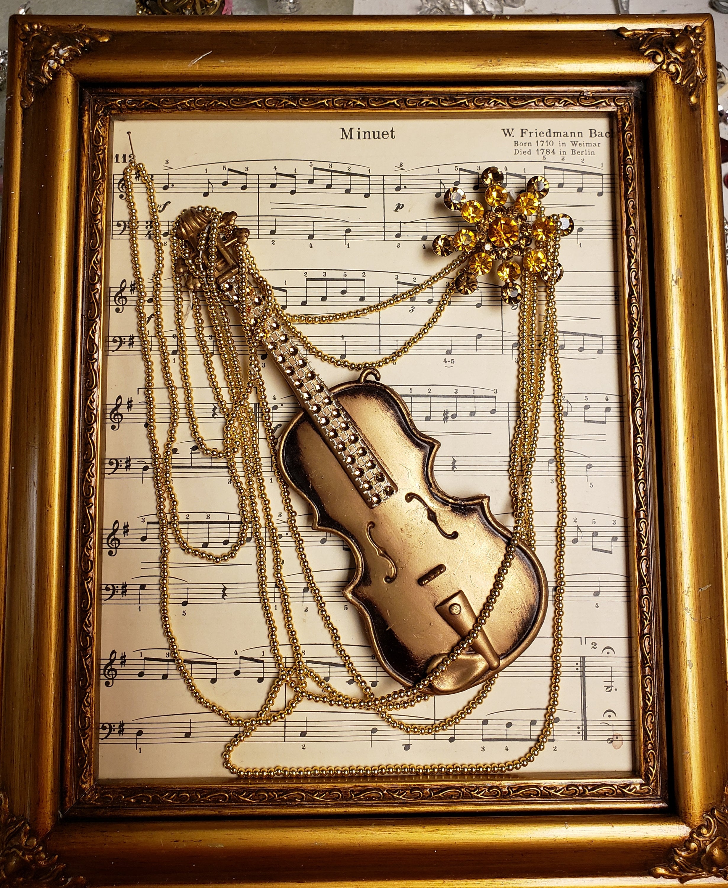 Musical Wall Art Framed Violin Gold Pearls Rhinestone Brooch Etsy