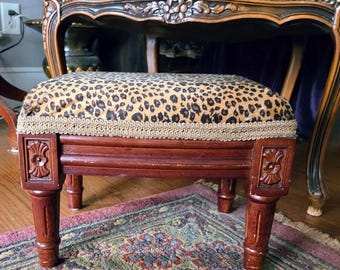 Footstool Mahogany Upholstered Leopard Fabric French Country FREE shipping