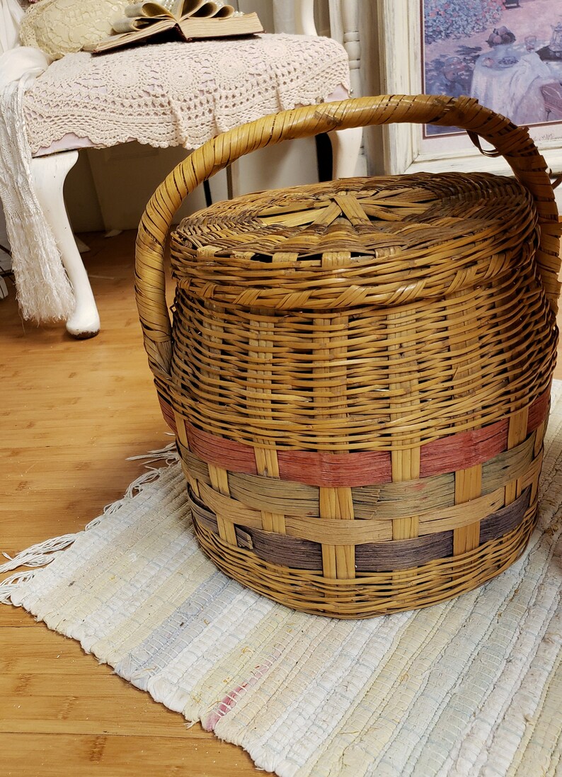 Vintage Woven Basket Handle Lid Shabby Cottage Chic Prairie Etsy