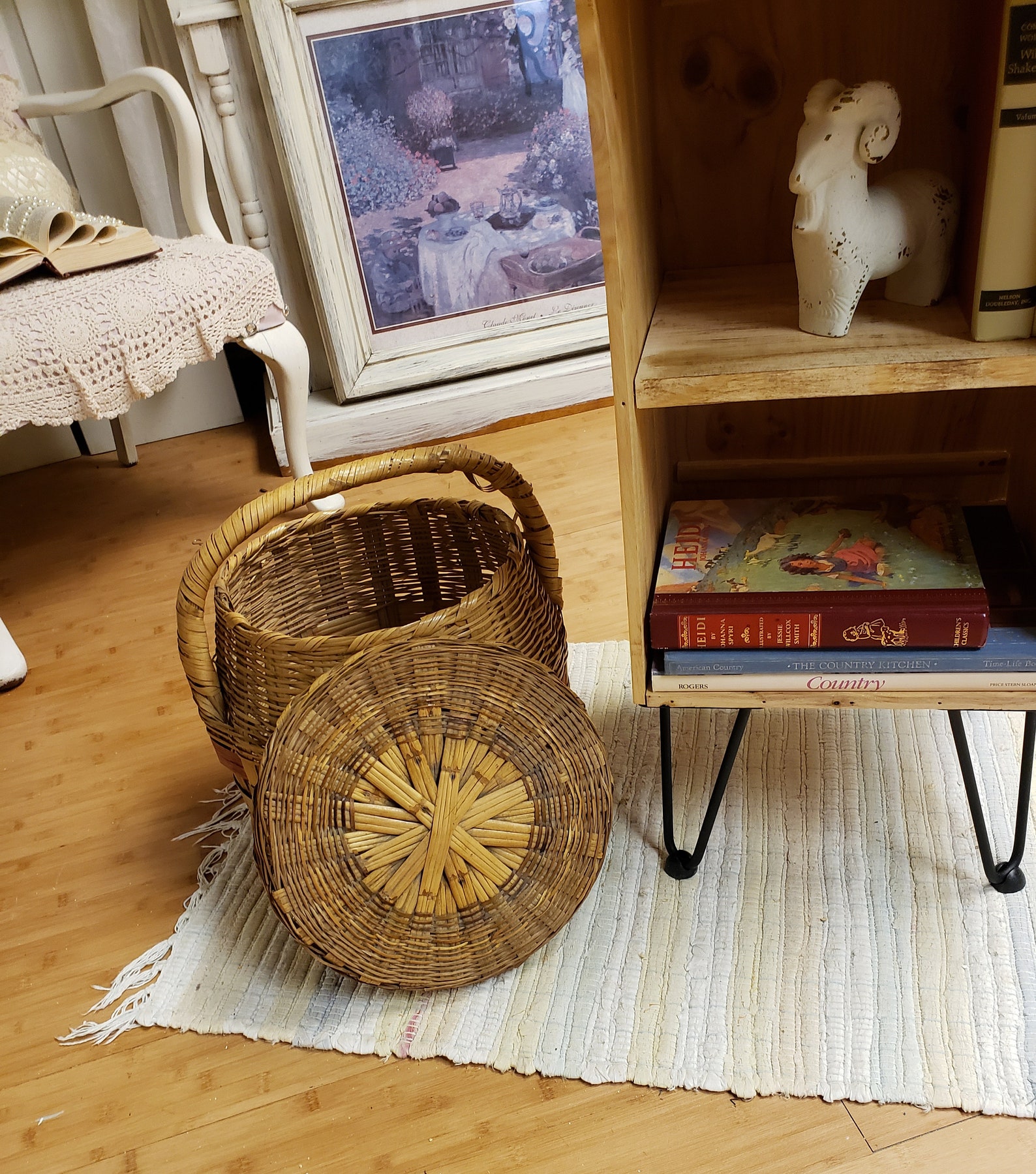 Vintage Woven Basket Handle Lid Shabby Cottage Chic Prairie Etsy