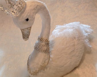 White Feathered Swan Embellished Rhinestones  Pearls Crown Cottage Core Shabby Chic FREE Shipping