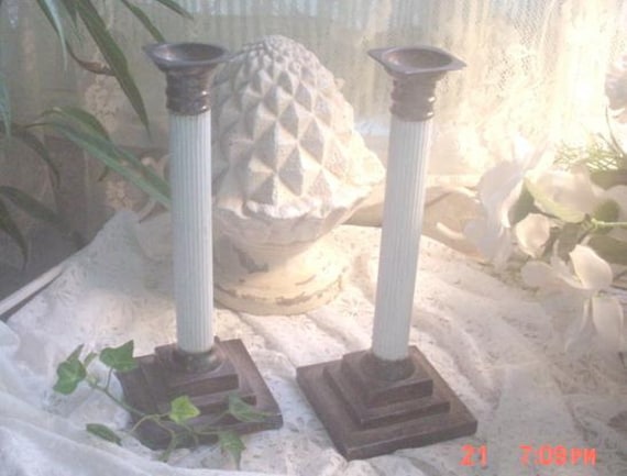 Fluted Candleholders Vintage Silver White Shabby Cottage Chic