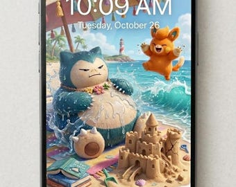 Pawmi y Snorlax jugando en la playa (descarga digital instantánea)