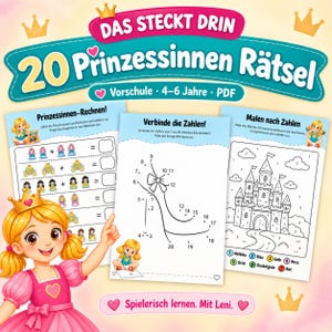 Pode incluir: Um livro de atividades digital intitulado 20 Prinzessinnen Rätsel com fichas educativas para crianças. A capa mostra uma menina de desenho animado com cabelo loiro e vestido rosa apontando para três páginas: somas, um sapato de ligar pontos e um castelo.