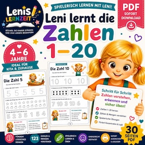 Può includere: Un PDF educativo colorato per bambini dai 4 ai 6 anni, intitolato "Leni lernt die Zahlen 1-20". La copertina presenta una bambina dei cartoni animati e fogli di lavoro per imparare i numeri da 1 a 20. Include il testo "30 Seiten PDF".