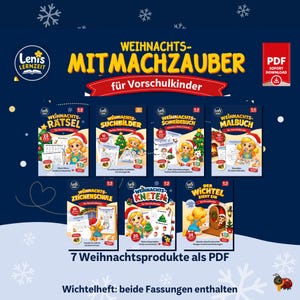 Könnte beinhalten: Eine digitale Sammlung von sieben ausdruckbaren Weihnachts-Mitmachheften für Vorschulkinder mit dem Titel WEIHNACHTS-MITMACHZAUBER. Das Set enthält Hefte für Rätsel, Suchbilder, Schneideübungen, Malvorlagen, Zeichenschule, Knetanleitungen und eine Wichtelgeschichte.