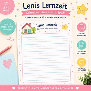 May include: A printable writing practice sheet titled Lenis Lernzeit with a house illustration, a smiling star, and colourful borders. The page features lined paper for children with a pink frame, small star accents, and the text Lenis Lernzeit.