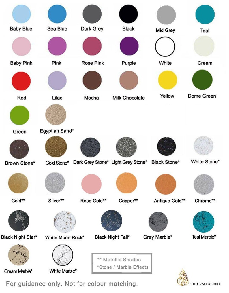 Op de afbeelding: Een kaart met 30 verschillende kleuren met namen voor elke kleur. De kleuren zijn gerangschikt in rijen en kolommen. De kleuren omvatten babyblauw, zeeblauw, donkergrijs, zwart, middengrijs, teal, babyroze, roze, rozerood, paars, wit, cr&egrave;me, rood, lila, mokka, melkchocolade, geel, koepelgroen, groen, Egyptisch zand, bruine steen, gouden steen, donkergrijze steen, lichtgrijze steen, zwarte steen, witte steen, goud, zilver, roosgoud, koper, antiekgoud, chroom, zwarte nachtster, witte maanrots, zwarte nachtval, grijs marmer en teal marmer.