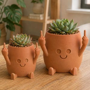 May include: Two terracotta-coloured planters with a smooth finish, each featuring a simple embossed face with circular eyes and a curved mouth. Both planters have small arms raised in a middle finger gesture and two small feet, each holding a green succulent.