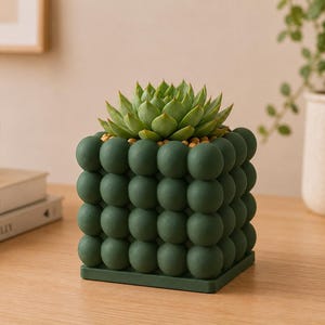 May include: A square-shaped dark green planter featuring a textured surface composed of numerous small, uniform spheres. The planter sits on a matching square base and contains a single green succulent plant with tightly layered, pointed leaves.