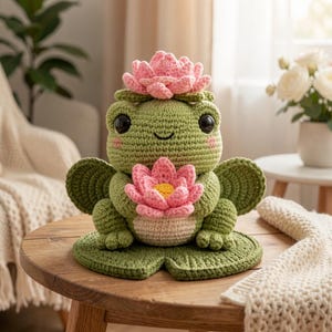 Zen Frog Lotus Flower Amigurumi | Handmade Crochet Meditation Plush | Calm Pond Decor Toy