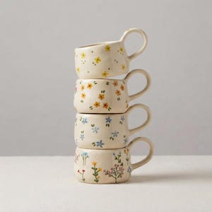 Floral Ceramic Mug Set Stackable | Wildflower Coffee Cup | Cottagecore Gift for Her Mother