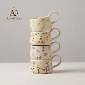 Floral Ceramic Mug Set Stackable | Wildflower Coffee Cup | Cottagecore Gift for Her Mother