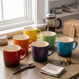 May include: Six brightly coloured ceramic mugs in red, orange, yellow, green, blue, and purple. Each mug has a white interior and a curved handle. A wooden spoon, coffee beans, and a linen cloth with "COFFEE" are also present.