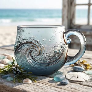 May include: A translucent blue glass mug featuring a raised, textured relief of a swirling ocean wave. The mug has a smooth, rounded handle and a frosted finish that transitions from a deep blue base to a lighter, clearer top section.