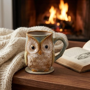 May include: A ceramic mug shaped like an owl with a light brown and cream-colored body, featuring large dark eyes, a pointed beak, and textured feather details. The mug has a sturdy handle and sits on a circular base, showcasing a glossy finish.