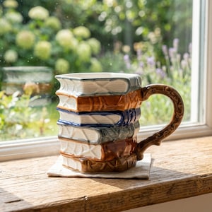 May include: A ceramic mug shaped like a stack of five books with a glossy finish. The books are colored in alternating shades of white, brown, and blue. The mug features a curved, textured handle and sits on a square, light-colored fabric coaster.