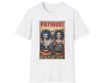 Camiseta com estampa de pôster sobre fadiga | Ilustração vintage de palhaço, estilo propaganda retrô