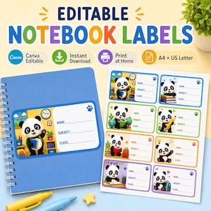 Puede incluir: Un conjunto de etiquetas editables para cuadernos con ilustraciones de pandas en entornos escolares. Las etiquetas incluyen líneas en blanco para nombre, asignatura y clase, con bordes coloridos. El texto dice Editable Notebook Labels, Canva Editable, Instant Download, Print at Home y A4 + US Letter.
