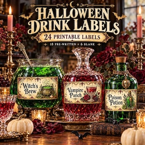 May include: A set of 24 printable Halloween drink labels featuring 18 pre-written and 6 blank designs. The labels display text including Witch's Brew, Vampire Punch, and Poison Potion, decorated with illustrations of cauldrons, goblets, and skulls.