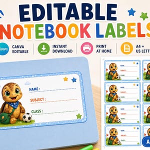 Étiquettes de cahier tortues modifiables | Étiquettes scolaires mignonnes | Étiquettes de cahier imprimables Canva | Formats A4 et Lettre US (PDF) | Rentrée scolaire