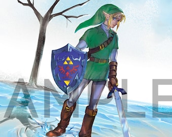 May include: A green-clad figure with a sword and shield stands on a rippling surface of water. The figure's reflection is upside down in the water, creating a mirrored image.