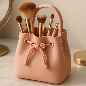May include: A peach-colored makeup brush holder shaped like a small handbag, with a handle and drawstring closure. The holder contains several makeup brushes with brown bristles and gold-colored handles. The brushes vary in size and shape.
