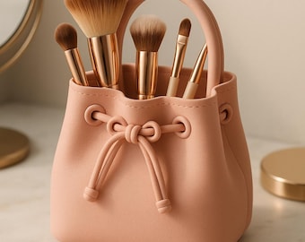 3D Printed Bucket Bag Makeup Brush Holder, Vanity Organizer, Trendy Desk Caddy