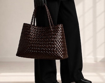 Handwoven PU Leather Tote Bag, Women’s Shoulder Bag, Large Woven Handbag, Everyday Purse, Fashion Tote, Gift for Her