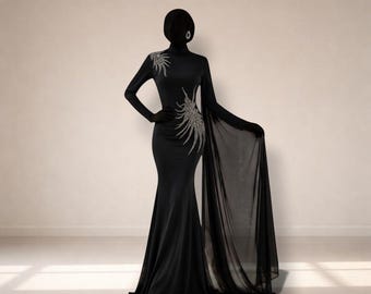 Black Elegant Maxi Dress for Women – Long Sleeve Party Wear Gown with Stone Work