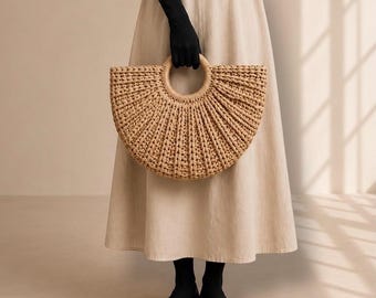 Women’s Handmade Woven Straw Tote Bag with Round Handle – Beach & Casual Shoulder Bag