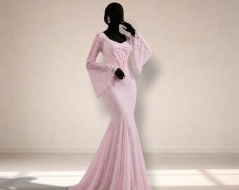 Pink Mesh Midi Dress | Flare Sleeve Patchwork Gown