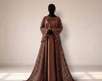 Royal Satin Inner with Embroidered Lace Abaya and Matching Belt – Occasion Wear, Eid Dress