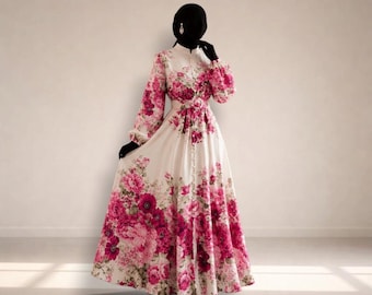 Elegant Pink Floral Print Maxi Dress for Women – Long Sleeve Belted A-Line Party & Casual Dress