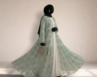 Pastel Embroidered Abaya Eid Dress – Modest Muslim Occasion Wear
