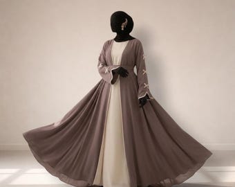 Modern Turkish Kimono Abaya with Contrast Trim, Belt & Bow Sleeves – Eid Dress