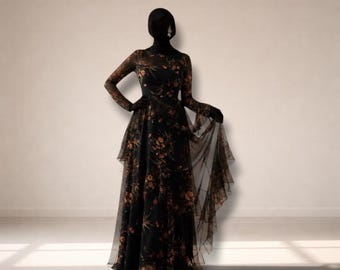 Floral Mesh Maxi Dress | Elegant Mermaid Ruffle Evening Gown | Long Sleeve Bodycon Party Dress for Women