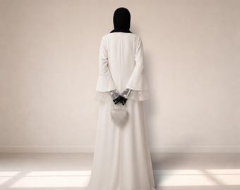 Luxury Flowy White Abaya with Lace Cuffs | Modest Islamic Dress | Eid Outfit